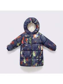 1 pieza Abrigo acolchado de algodón con capucha elástica de color azul marino y multicolor para niños, Parka de algodón de longitud media para niños y niñas, Chaqueta con cremallera para niños, Ropa de algodón para niños pequeños