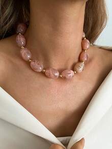 1pc Bohemian Geometric Asymmetrical Beaded Resin Chain Necklace, Luxurious Casual Party Women's & Couples' Wedding Holiday Versatile Metal Jewelry Gift - Necklace - View 15