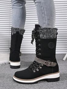 Women's Autumn/Winter New Bohemian Style Mid-Calf Boots, Slimming Round Toe Black Flat Boots, Retro Western Embroidered Riding Boots