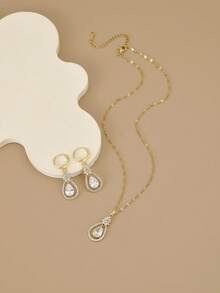 1 件时尚方晶锆石泪滴形不锈钢女士项链，1 对时尚方晶锆石泪滴形不锈钢女士耳环，防水不锈钢首饰，金色首饰，金耳环，高品质镀金首饰，秋季耳环 - 金黃色 - 查看 6