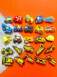 25 PIECES Toy Car Series, Featuring Models Such As Excavators, Fire Engines, And Trucks - Colorful Randomly Mixed Vehicle Design, Plastic Sports Shoes Accessories, Valentine's Day, Graduation Gifts, Shoes And Packaging Ornaments, Gift Accessories | Fun And Charming Design | Bright Patterns, Footwear Accessories