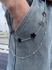 1pc New 2026 Silver Metal Double-Layer Clover Chain Pants Chain, Fashion Accessory Suitable For Men And Women, Daily Wear And Gatherings