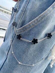 1pc New 2026 Silver Metal Double-Layer Clover Chain Pants Chain, Fashion Accessory Suitable For Men And Women, Daily Wear And Gatherings