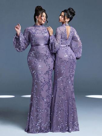 Plus Size Elegant Paljettutsmyckad Standkrage Genomskinlig Midja Bälte Lanternärm Bodysuit Sjöjungfru Fåll Aftonklänning, Ny Ankomst, Magisk