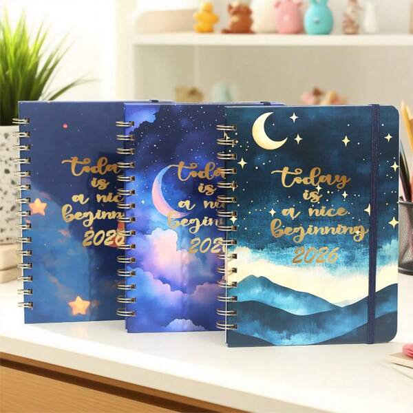 1pc 2025-2026 Weekly & Monthly Planner Notebook, Spiral Bound, Multi-Functional Starry Sky Design Calendar, Diary, Memo Pad For Office, Students