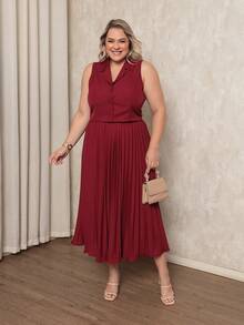 ANLE MODAS Women's Set Pleated Skirt With Elegant Vest Luis Twill Plus Size - 酒紅色 - 查看 9