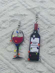 1 Pair Acrylic Wine Bottle & Glass Christmas Earrings With Lights - "Merry Christmas" Design, Perfect Holiday Party & Everyday Wear Gift For Her, Christmas Earrings