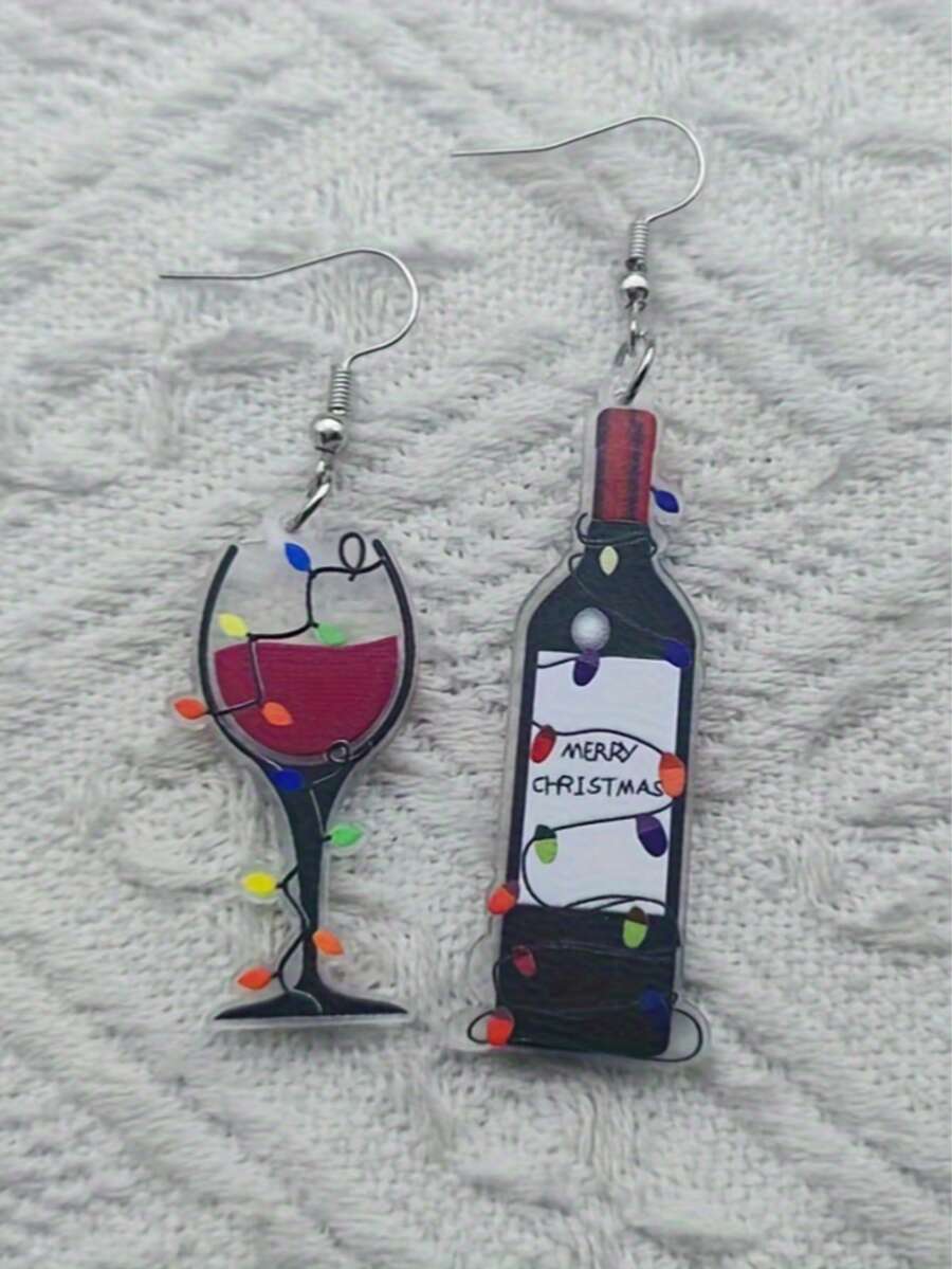1 Pair Acrylic Wine Bottle & Glass Christmas Earrings With Lights - "Merry Christmas" Design, Perfect Holiday Party & Everyday Wear Gift For Her, Christmas Earrings