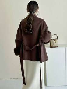 Women's Double-Sided Faux Fur & Wool Blend Coat - Shawl Collar, Tie Waist, Classic Casual, Suitable For Autumn/Winter - Brown - View 3