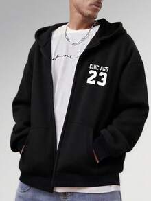 男士秋冬卫衣,男士印花卫衣,男士23号印花连帽开衫,黑色拉链卫衣,健身房跑步休闲上衣 - 黑色 - 查看 1