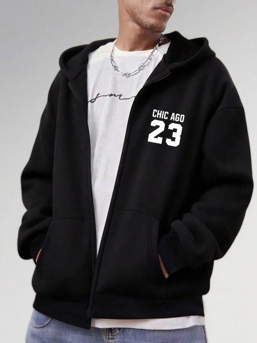 男士秋冬卫衣,男士印花卫衣,男士23号印花连帽开衫,黑色拉链卫衣,健身房跑步休闲上衣 - 黑色 - 查看 1