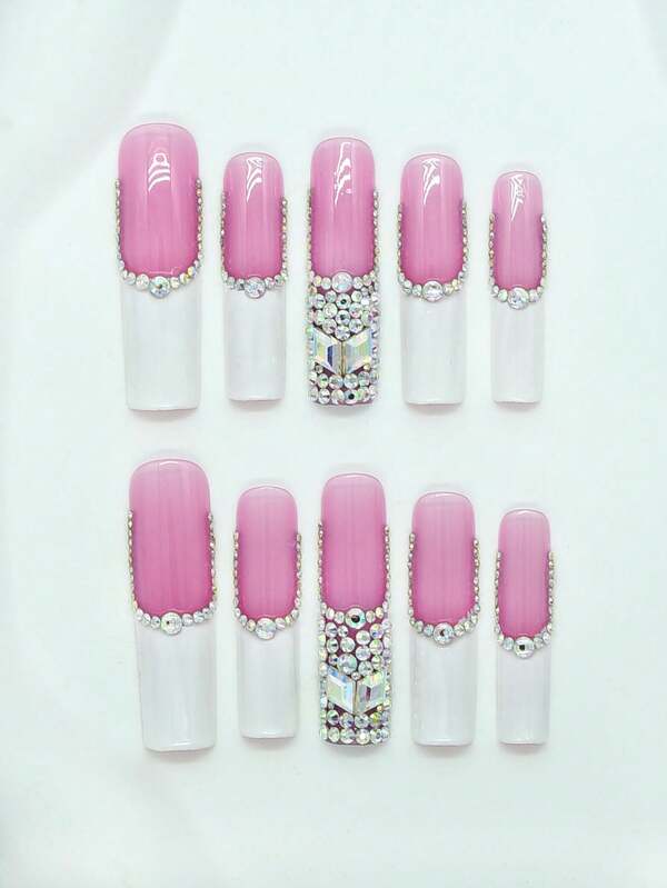 10 Stücke/Set Y2K handgemachte Aufklebe-Nägel extra-lange quadratische Acryl-Nägel im französischen Stil mit Handmalerei und Strass. Geeignet für Frauen und Mädchen, Partys, Alltag