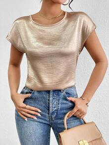 Blusa de unicolor de satén con mangas tipo murciélago, cuello redondo y plisada, blusas de manga corta para mujer - Champán - Ver 3