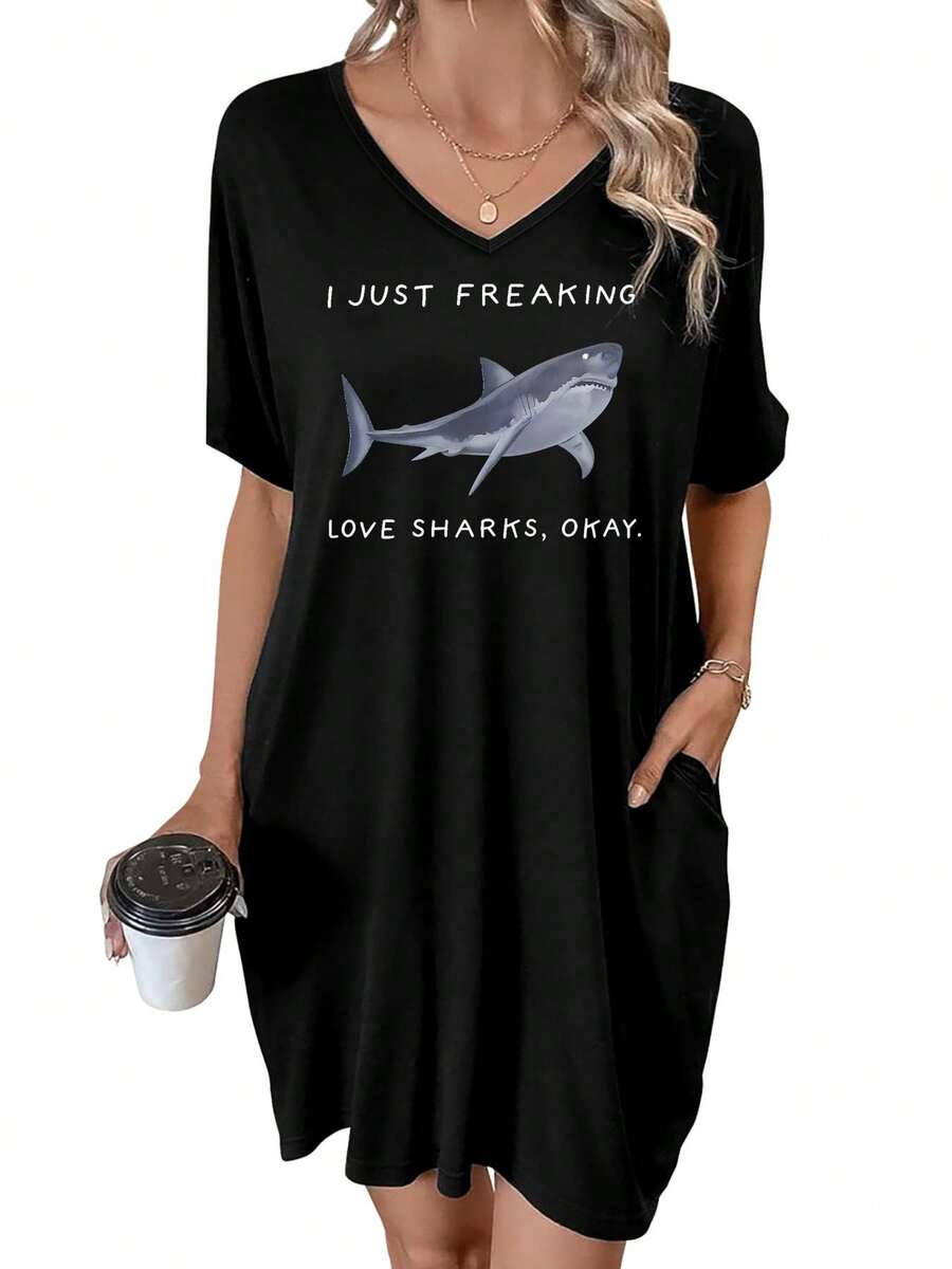 I Just Freaking Love Sharks, Okay Summer Dresses For Women Casual Sundress Beach Pocket Loose Plus - màu đen - Xem 1