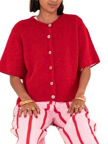 Women's Autumn Knit Cardigan Half Sleeve Round Neck Solid Color Button Up Knitwear - Red - View 4