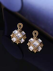 2 chiếc hoa tai nữ màu vàng cổ điển, họa tiết kẻ caro kim cương với thiết kế kết cấu dây thừng, thời trang cổ điển thích hợp cho việc đi lại hàng ngày và tụ tập - Nhiều màu - Xem 5