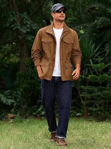 Mens Military Jacket Full Zip And Button  Field Jacket Multi Pocket Cargo Outdoor Coathalloween - 棕色 - 查看 2