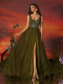 VIPGIRL فستان سهرة أنيق وبسيط للنساء مع شق عالي وشبكة من الترتر - أخضر عسكري - مشاهدة 2