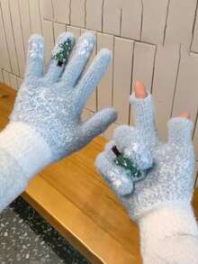 Women's Gloves With Winter Exposed Fingers, Thick And Warm, Cute Student's Anti Cold Yarn, Touch Screen Christmas Tree Gloves