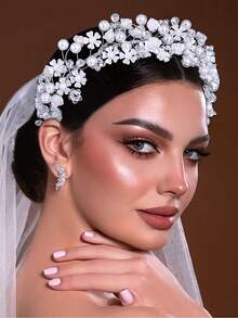 1件树脂花朵装饰女士珍珠发箍，仿珍珠水钻装饰，新娘头饰，女士发饰，婚礼头饰，摄影宴会发饰，女士配饰，春夏发饰 - 銀色 - 查看 5