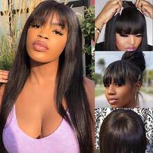 Straight Wigs With Bangs Human Hair For Women None Lace Front Wigs Brazilian Virgin Hair Glueless Machine Made Straight Wig Natural Black Color 180% Density - Natural Black - 查看 4