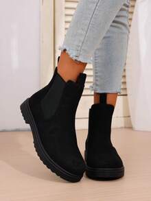 New Autumn Women's Chunky Heel Short Chelsea Boots, Inner Increased Height, Western Style Side Zipper - Black - View 5