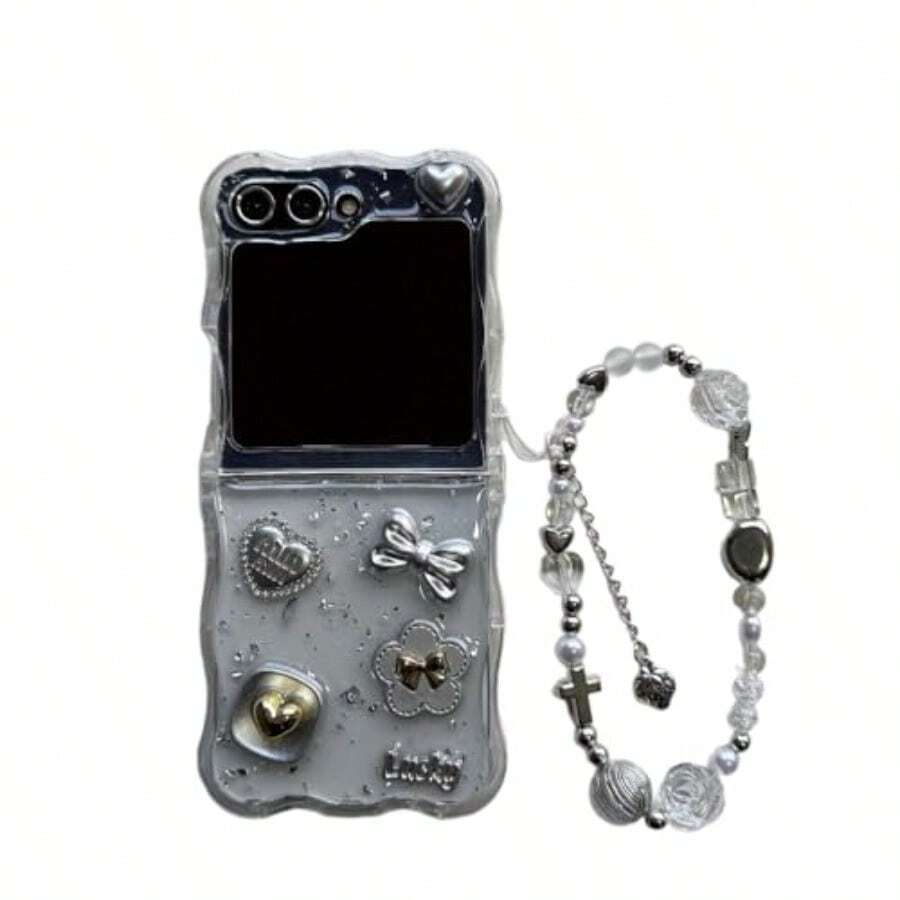 TLL  For Samsung Galaxy Z Flip 7 FE Z Flip 6 Case3D Cute Heart Bow Pattern Light Luxury Clear Shiny Aluminum Foil Protective Cover With Jeweled Diamond Bracelet For Galaxy Z Flip 6 Case Woman2574 - 無色 - 查看 1