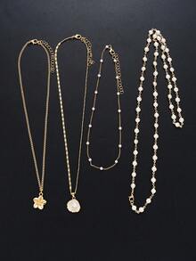 4pcs Elegant Luxurious Sexy Women Friendship Flower Gold Tone Cross Faux Pearl Necklace Set, Layered Long Necklaces For Daily, Party, Wedding Occasions