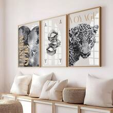 1/3pcs Frameless Gold Leopard Wall Art Set, B&W Gallery Wall Prints, Luxury Glam Decor For Office, Girls Room | Back To School, Room Decor, Dorm Essentials, Vintage Posters, Wall Prints, Bedroom Decor, Gift - Gold - View 1