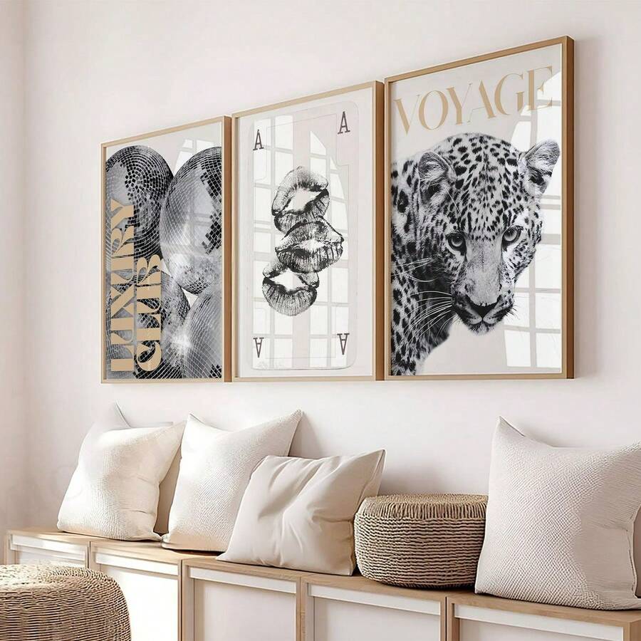 1/3pcs Frameless Gold Leopard Wall Art Set, B&W Gallery Wall Prints, Luxury Glam Decor For Office, Girls Room | Back To School, Room Decor, Dorm Essentials, Vintage Posters, Wall Prints, Bedroom Decor, Gift - Gold - View 1