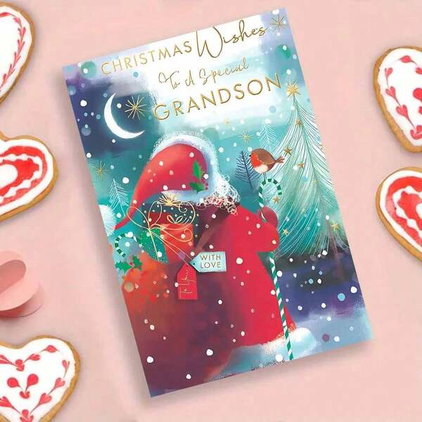 Charming Christmas Card With Envelope Perfect For Friends, Family & Special Occasions - High-Quality, Creative Holiday Greeting For Grandson