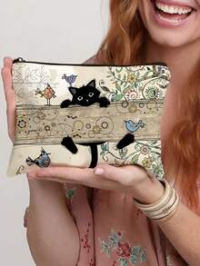 1pc Cute Cat Pattern Cosmetic Bag, Portable Travel Organizer Pouch, Women Handbag, Summer Bag, Holiday Bag, Makeup Bag, Wallet, Backpack, Essential For Holiday & Travel - Army Green - View 3
