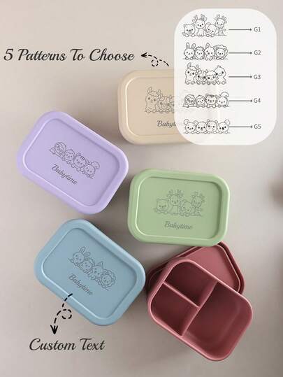 750 ml 1 stuk gepersonaliseerde siliconen lunchbox met dierenpatroon en kindernaam, draagbare lunchbox voor school.
