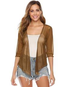 Aiboria Womens 3/4 Sleeve Shrug Sheer Mesh Bolero Tie Front Cropped Cardigan S-XXL - màu nâu - Xem 3