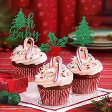 12/24 PCS Christmas Tree OhBaby Cupcake Toppers Glitter Holly Leaves And Berries BabyShower Christmas Cupcake Picks For Christmas Theme Birthday Party Cake Decorations Supplies
