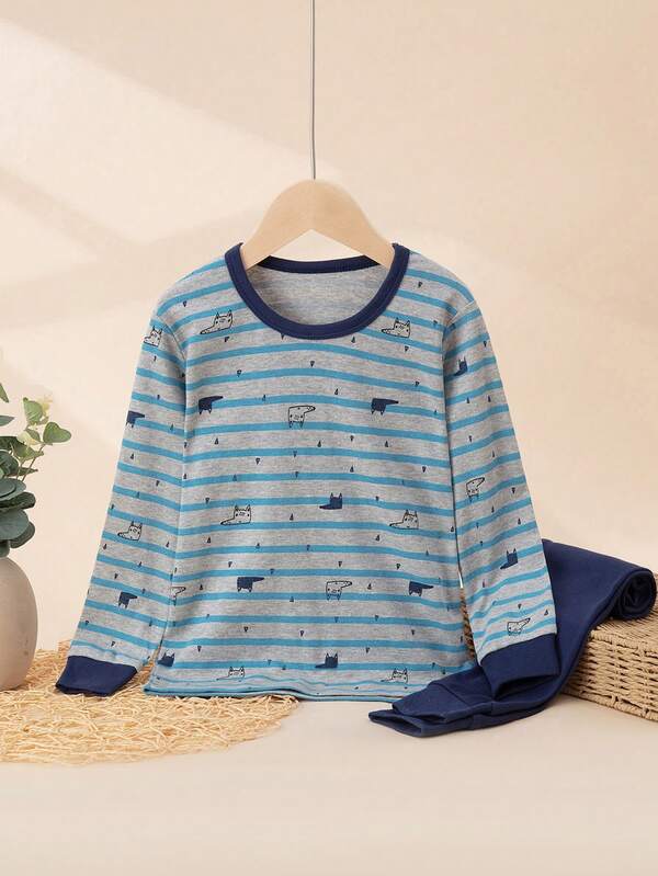 2 Stücke/Set Kleinkind Jungen Grau gestreifter Tier Cartoon Muster Thermo Unterwäsche Set, Warme Pyjamas, Langarm Oberteil und Hose, Baumwolle, Frühling/Herbst
