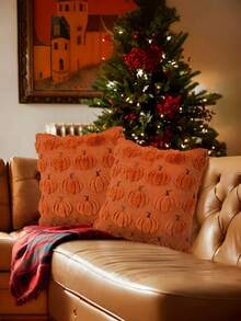 Vỏ gối trang trí Halloween thêu hình quả bí ngô mùa thu 18x18, Vỏ gối trang trí mùa thu cho ghế sofa, Phong cách mộc mạc trang trại, Len kết cấu sang trọng có thêu thân màu nâu Thân màu cam nâu - Nhiều màu - Xem 3