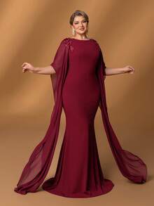 Faeriesty Mosy Plus Classic Round Neck Elegant Cape Sleeve Fish-Tail Plus-Size Mother Of The Bride Dress For Formal Weddings, Grand Galas, Lavish Evening Dinners, Prestigious Proms, And Upscale Red Carpet Events – Flattering Design For Ultimate Confidence In High-End Occasions