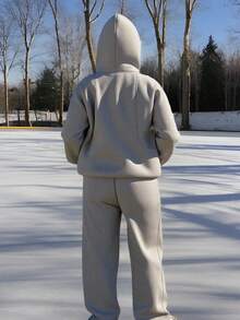 2 pezzi Set di felpa con cappuccio e pantaloni in vita elastica di colore unito, adatto per sci, attività all'aperto, ufficio, casual, primavera, autunno, inverno - fiore grigio - Visualizzare 4