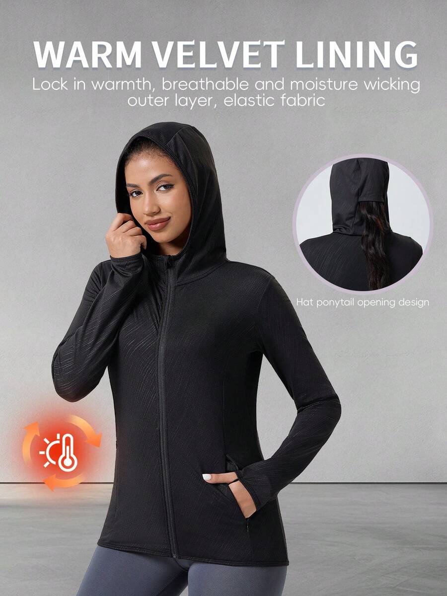秋冬女士户外休闲加厚羊毛连帽夹克 - 黑色 - 查看 1