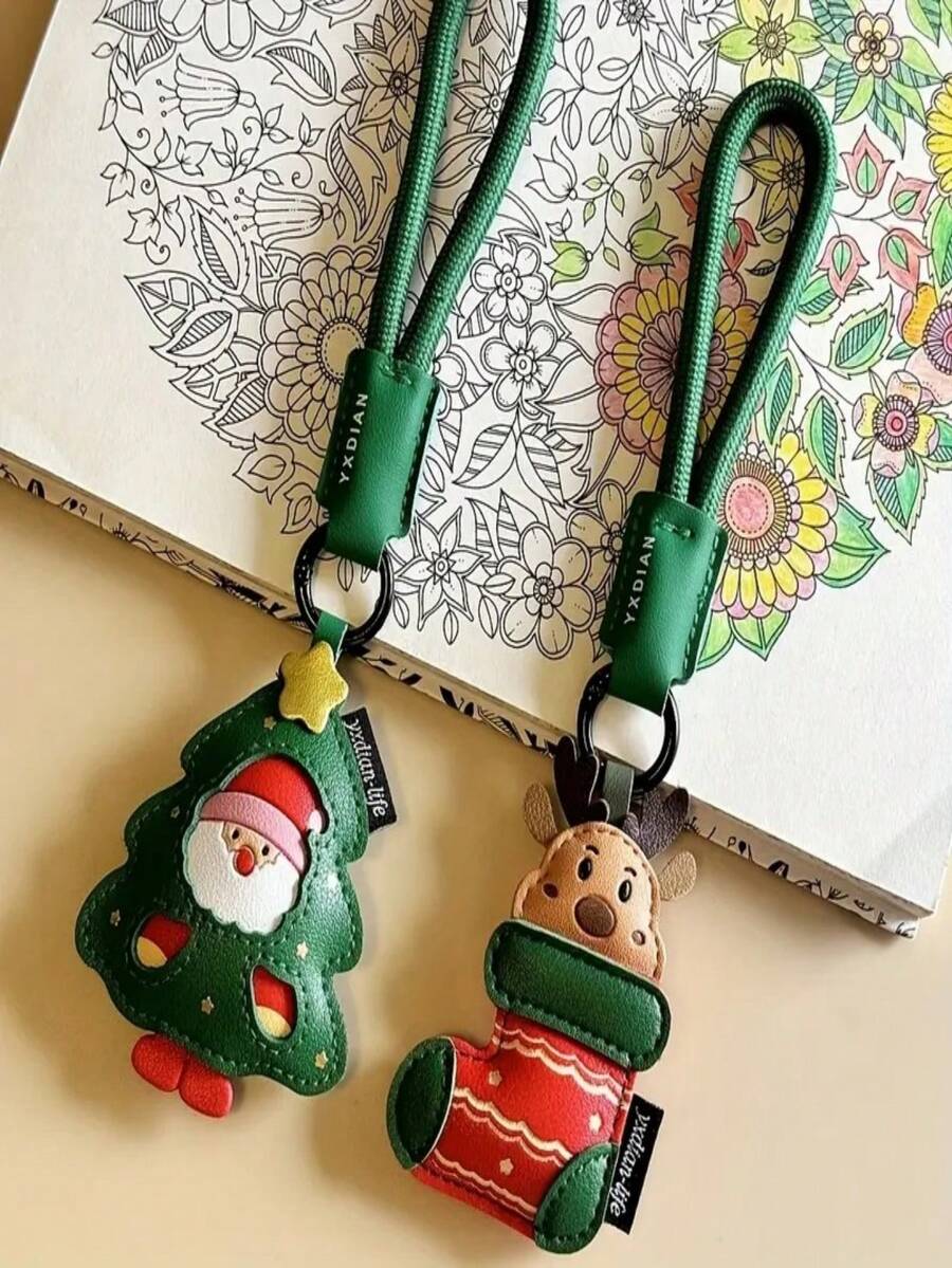 1 eleganter Weihnachtsanhänger - Weihnachtsmann oder Hirsch grünes Band, PU-Material Feiertags-Schlüsselanhänger, abnehmbarer Taschenanhänger & Auto-Schlüsselanhänger unisex - Weihnachtsgeschenk, Valentinstags-Geschenk - geeignet für Rucksäcke, Geldbörsen, Fahrzeuge, saisonale Dekorationen, dauerhafte Accessoires, Feiertags-Ornamente und Geschenkideen