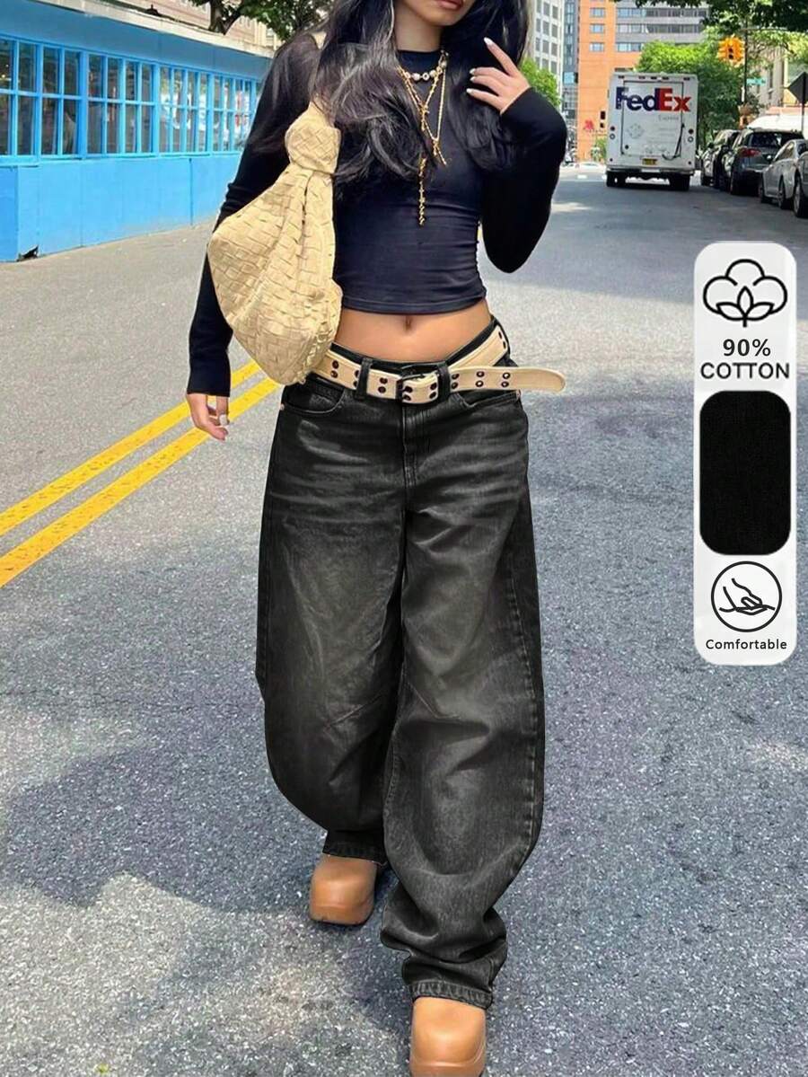 复古黑色宽松直筒牛仔裤，休闲男友风时尚牛仔裤，春夏穿搭