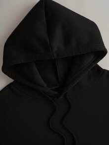 女士连帽上衣带口袋和抽绳长裤两件套，舒适家居服套装，秋冬款 - 黑色 - 查看 9