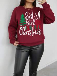 Plus Size Cozy Thermal Lined Crewneck Sweatshirt For Women - Christmas Letter Line Tree Print Casual Daily Wear Top, Holiday Versatile Fashion - Burgundy - View 2