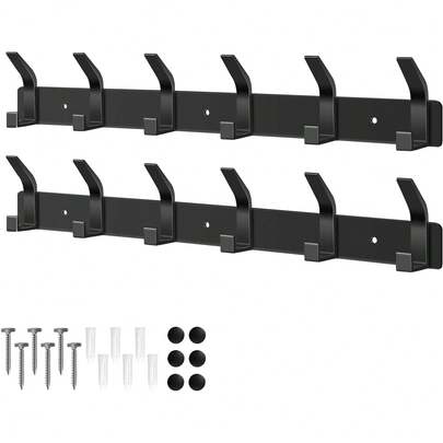 AUXHCYL Coat Hooks Wall Mounted, 2 Packs Coat Hangers Wall Mounted With 6 Hooks, Rust-Proof Coat Racks For Jackets, Bags, Hats And Scarves, Wall Hanger For Bedroom, Bathroom, Kitchen (Black)