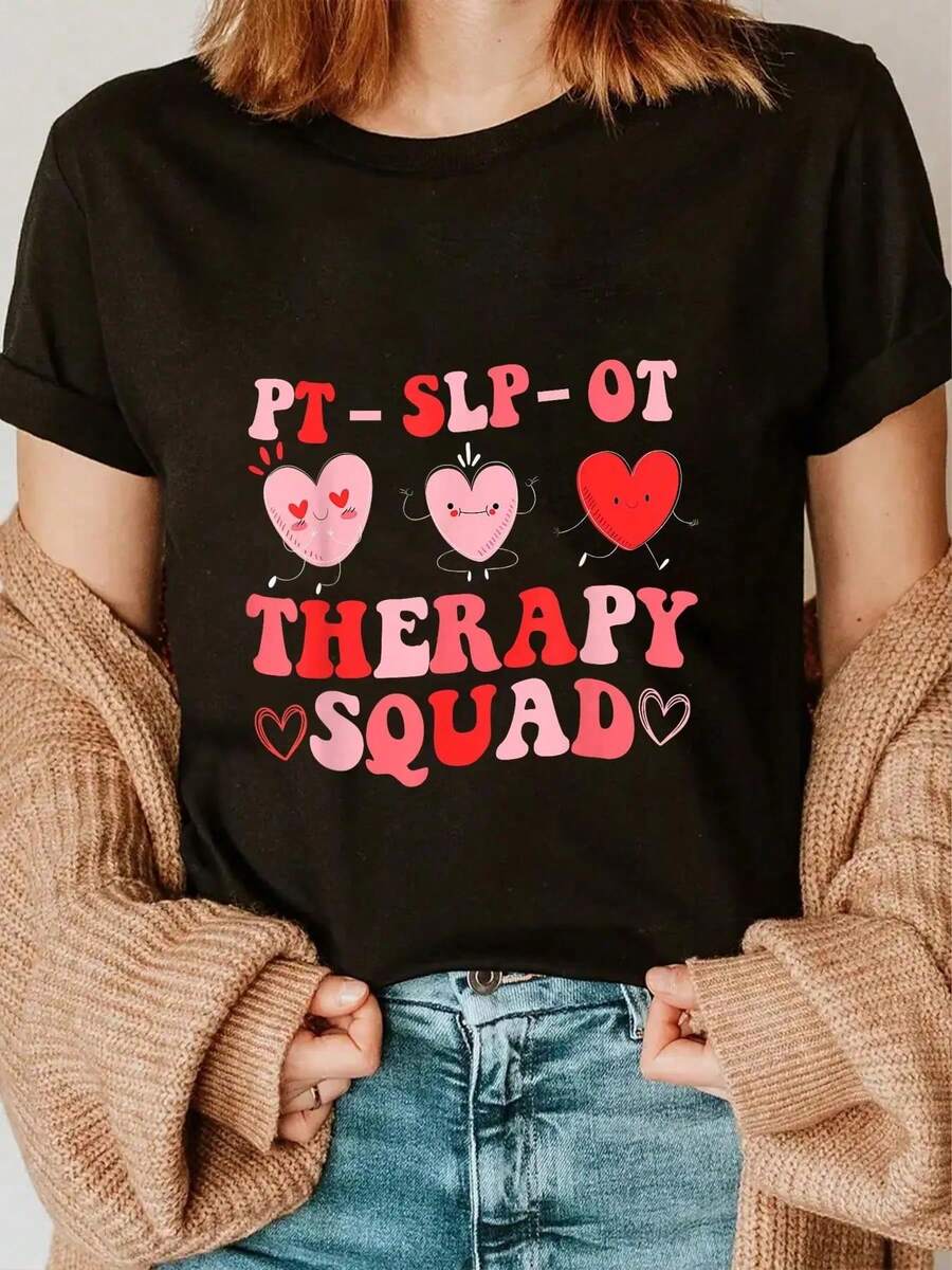 100% Cotton Therapy SLP OT PT Team Cute Valentine's Day T-Shirt Women's Men's Summer Comfort Soft Crew Neck Tee Tops - Black - View 1