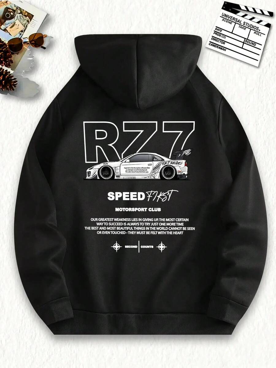 Nueva sudadera con capucha de moda para hombres con un diseño de coche genial, perfecta para uso diario casual. Tiene un cordón ajustable, forro de felpa y gráficos de personajes únicos con impresiones de letras en inglés, junto con un bolsillo canguro frontal. - Negro - Ver 1