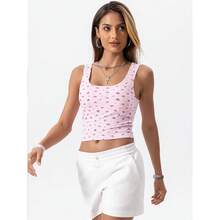 Camiseta de mujer de costilla con acolchado, top de entrenamiento de cuello cuadrado, top corto ajustado, camiseta básica de tirantes - Rosa rosa floral - Ver 4