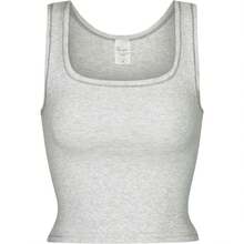 Women Rib Tank Top Padded Workout Top Square Neck Crop Tank Fitted Basic Cami Tops - Heather White - View 3