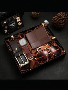 7-Piece Men's Fashion Classic Gift Set, Includes Watch, Wallet, Hair Trimmer, Glasses, Keychain, Atmosphere LED Light, Greeting Card & Gift Box, Perfect Birthday, Father's Day Gift And Daily Accessories - Brown - View 1